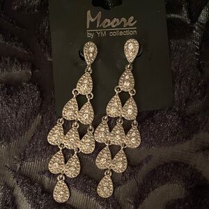 Mcoore by YM Collection Silver Crystal Teardrop Chandelier Earrings